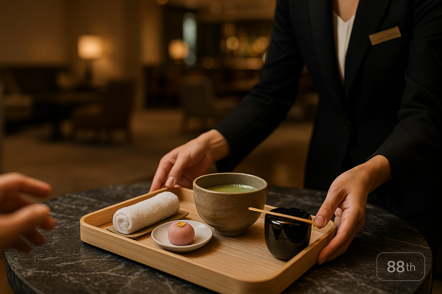 Luxury hotel lobby with matcha service